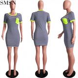 FONDPINK New Style Dresses Women Summer Stripe Dress Print Pocket T-Shirt Dress For Ladies