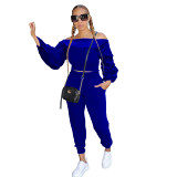 AOMEI High Quality Solid Color Streetwear 2 Piece Set Women Off Shoulder Fall Winter Womens Clothings Casual Two Piece Pants Set