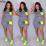 FONDPINK New Style Dresses Women Summer Stripe Dress Print Pocket T-Shirt Dress For Ladies