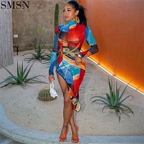 FONDPINK New Style Fashion Multicolor Print Slit Dress Round Collar Long Sleeve Contrast Color Dress Woman