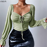 FASHIONWINNIE Fall 2021 Women Clothes Sexy Long Sleeve Crop Tops T Shirt Ruched Square Neck Top