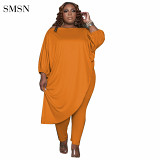 QueenMoen New Trendy Autumn Women Plus Size Set Casual Solid Color Irregular Top Design Home Wear Fat Women Two Piece Pants Set