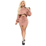 AOMEI New Arrival 2021 Fall New Solid Color Skirt Set Long Sleeve Hooded Top And Skirt Women Clothes 2Pc Skirt Set