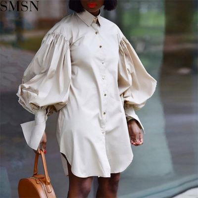 FONDPINK Best Design Wholesale Clothing Dresses Lapel Puffed Sleeves Dress Women Lapel Shirt Dress