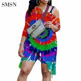 QueenMoen High Quality Autumn Casual Slopping Shoulder Tie Dye Long Sleeve Long T Shirt Ladies Plus Size Women Sets Two Piece