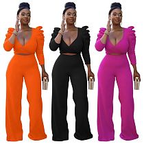 AOMEI Wholesale 2021 Solid Color V Neck Autumn Sets Women 2 Piece Clothing Casual Two Piece Pants Set