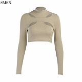 1081230 Newest Design Fashionable Woman Tops Sexy Hollow Out High Neck Long Sleeve T-Shirt Top