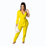 AOMEI New Arrival Autumn Solid Color Business Suit Two Pieces Women Clothing Women Sexy 2 Piece Set  With Belt