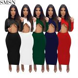 FONDPINK Latest Design Long Sleeve Sexy Temperament Bodycon Dress Women Solid Color Long Dress Cut-Out Dress