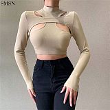 1081230 Newest Design Fashionable Woman Tops Sexy Hollow Out High Neck Long Sleeve T-Shirt Top