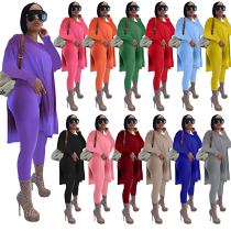 AOMEI Newest Design Casual Solid Color Long Sleeve Two Piece Set Women Split Top Two Piece Pants Set