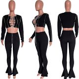 AOMEI Latest Design Streetwear Bandage Two Pieces Women Clothing Sexy Long Sleeve Womens 2 Piece Trumpe Pant Outfits