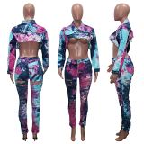 AOMEI Fashion Tie Dye  Printing Jean Fabric Two Piece Set 2021 Lounge Wear Women Casual Fall Two Piece Sets For Women