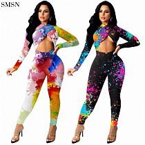 FASHIONWINNIE Wholesale Fall Women Clothing One Piece Tie Dye Hollow Out Jumpsuit Tight Patchwork Color Jumpsuits