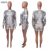 QueenMoen New Trendy Long Sleeve Early Autumn Printed Tshirt And Shorts Girls Leisure Suits Two Piece Sets 2 Piece Set Women