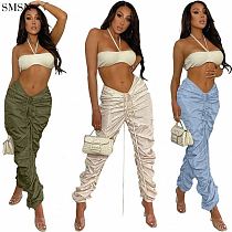 QUEENMOEN Fall 2021 Solid Color Sexy Pleated Rope Drawstring Streetwear Ruched Jogger Pants