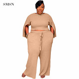 QueenMoen High Quality Short Top And Wide Leg Pants Two Piece Fat Women Rib Slit Sleeve Solid Color Plus Size 2 Piece Pants Set