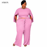 QueenMoen High Quality Short Top And Wide Leg Pants Two Piece Fat Women Rib Slit Sleeve Solid Color Plus Size 2 Piece Pants Set