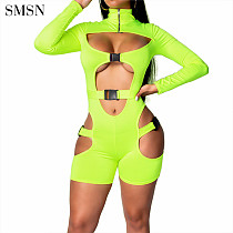 QueenMoen New Arrival Long Sleeve Sexy Hollow Out Bandage Nightclub Fluorescent Short Bodycon Woman Bodysuits Jumpsuit For Women