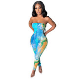 MOEN New Arrival Color Print Side Open Bandage Pants Jumpsuit Summer Strapless Bodycon One Piece Jumpsuits For Women Sexy