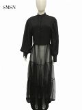 QueenMoen Newest Design Autumn Short Top Mesh Spliced Dress Casual Puff Long Sleeve Patchwork Tulle A-Line Women Maxi Dress