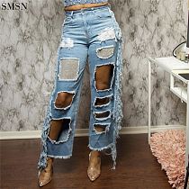 FASHIONWINNIE High Elastic Washed Ladies Wholesale Tassel Jeans Straight Leg Ripped Jeans Trousers For Women