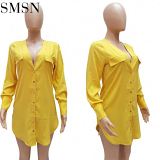 FONDPINK Latest Design Solid Color Shirt Dress V-Neck Single Breasted Long Sleeve Office Dress Women