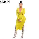 FONDPINK Hot Sale Solid Color U Neck High Elastic Dress Girl Women Fabric Hollow Out Slit Sexy Dress