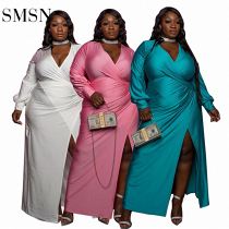 QueenMoen High Slit Wrap Satin Plus Size Dress Deep V Neck Solid Color Lantern Sleeve Club Party Maxi Plus Size Women'S Dresses