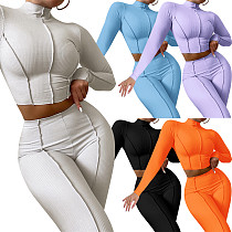 European and American women's clothing Amazon autumn reverse wear design mid-high collar rib high waist slim two piece set