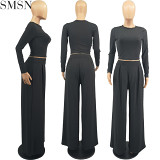 High Quality Solid Color Short Crop Tops Wide Leg Pants Two Piece Set Autumn Casual Matching Set For Women