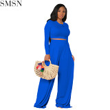 High Quality Solid Color Short Crop Tops Wide Leg Pants Two Piece Set Autumn Casual Matching Set For Women