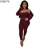 Hot Selling Crop Top Cardigan Pants Fashion Rib Knit Clothes Outfits Fashion Three Piece Set Women Clothing 3 Piece Outfits
