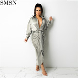 Autumn Fashion Casual Bodycon Pleated Fold Shirt Long Dress 2021 Solid Party Elegant Women Clothing Satin Casual Dresses