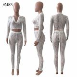 Best Design 2021 Autumn Women Suits Sexy Lace Long Sleeve V Neck Crop Top Nightclub Two Piece Pants Set