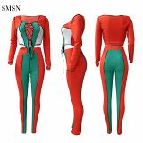 New Arrival 2021 Autumn Women Suits Long Sleeve Patchwork Color Elastic Band Crop Top Bodycon Two Piece Pants Set