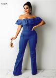 New Arrival 2021 Autumn Women Jumpsuits Sexy Strapless Falbala Solid Color Club Wear One Piece Jumpsuits