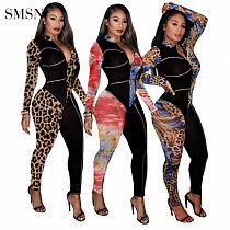 Latest Design 2021 Autumn Winter Sexy Patchwork Color Print Zipper Collar Women Bodycon Jumpsuits And Rompers