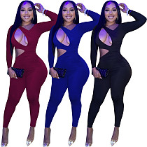 Hot Sale 2021 Fall New Long Sleeve Sexy Hollow Out Women Bodycon Jumpsuits