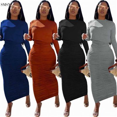 Newest Design 2021 Autumn Womens Suits Solid Color Long Sleeve Top Street Wear Bodycon Two Piece Skirt Set
