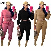 New Arrival 2021 Autumn Women Suits Casual Solid Color Long Sleeve Club Wear Drawstring Pants Two Piece Set