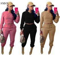 New Arrival 2021 Autumn Women Suits Casual Solid Color Long Sleeve Club Wear Drawstring Pants Two Piece Set