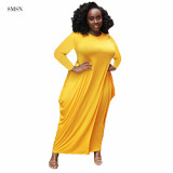 Newest Design 2021 Autumn Women Plus Size Dress Casual Solid Color Long Sleeve Irregularity Hem Maxi Dress