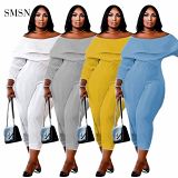 Newest Design 2021 Autumn Casual Solid Color High Elasticity Off Shoudler Ruffles Collar Women Plus Size One Piece Jumpsuits