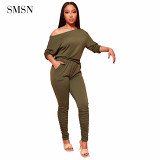 New Trendy 2021 Autumn Women Suits Casual Solid Color Diagonal Collar Long Sleeve Pile Of Pants Two Piece Set