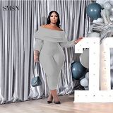 Newest Design 2021 Autumn Casual Solid Color High Elasticity Off Shoudler Ruffles Collar Women Plus Size One Piece Jumpsuits
