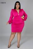 New Trendy 2021 Autumn Plus Size Dress Sexy Long Sleeve Deep V Neck Solid Color Woman Casual Dress