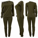 New Trendy 2021 Autumn Women Suits Casual Solid Color Diagonal Collar Long Sleeve Pile Of Pants Two Piece Set