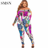 High Quality 2021 Autumn Sexy Strapless Long Sleeve Pattern Print Women Plus Size Women Jumpsuits And Rompers