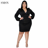 New Trendy 2021 Autumn Plus Size Dress Sexy Long Sleeve Deep V Neck Solid Color Woman Casual Dress